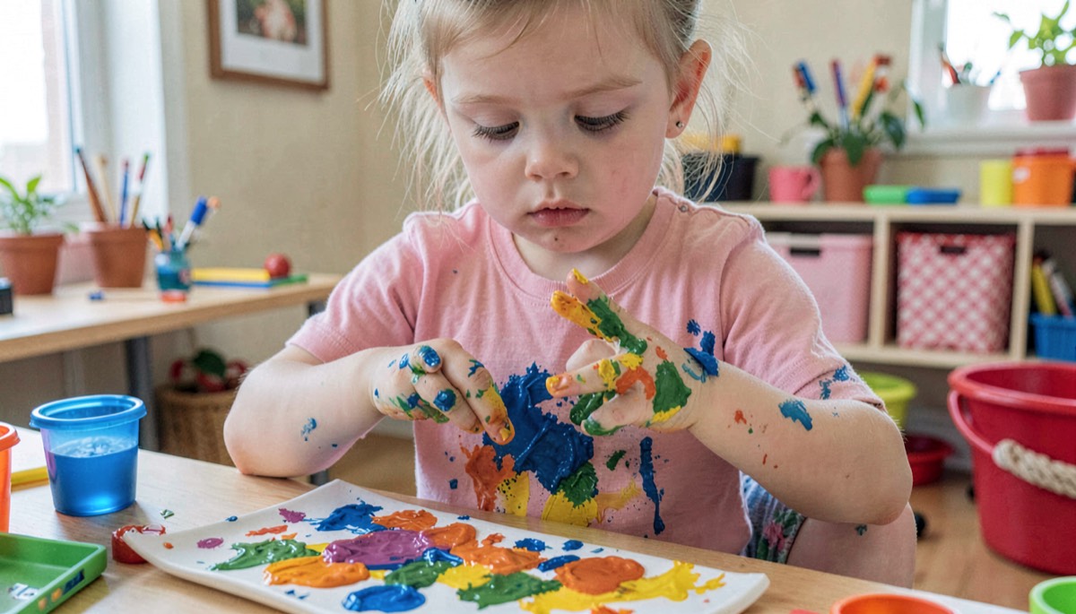 Mains d'enfant couvertes de peinture