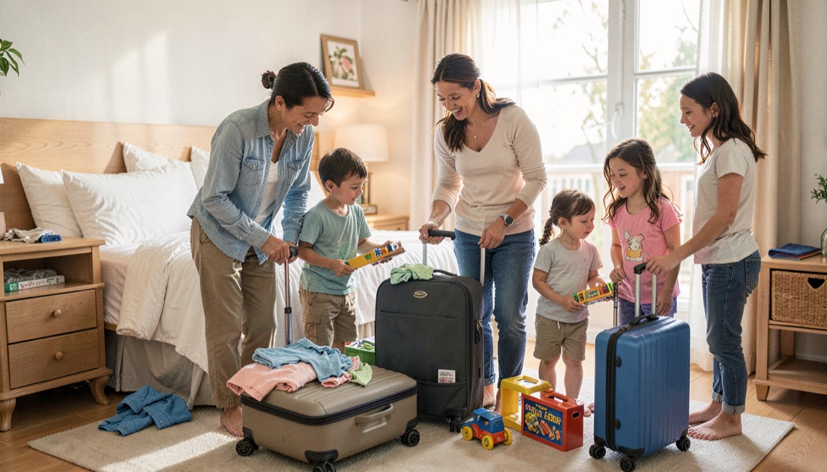 Famille préparant les valises pour les vacances