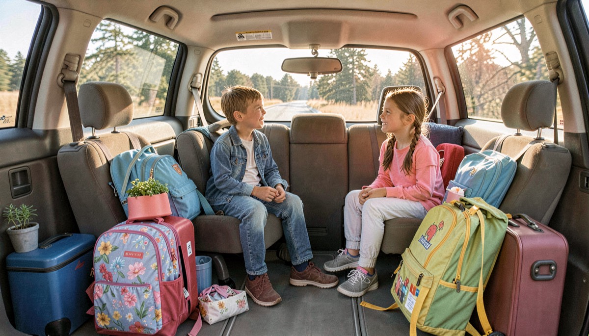 Préparatifs de voyage en famille avec sacs et accessoires