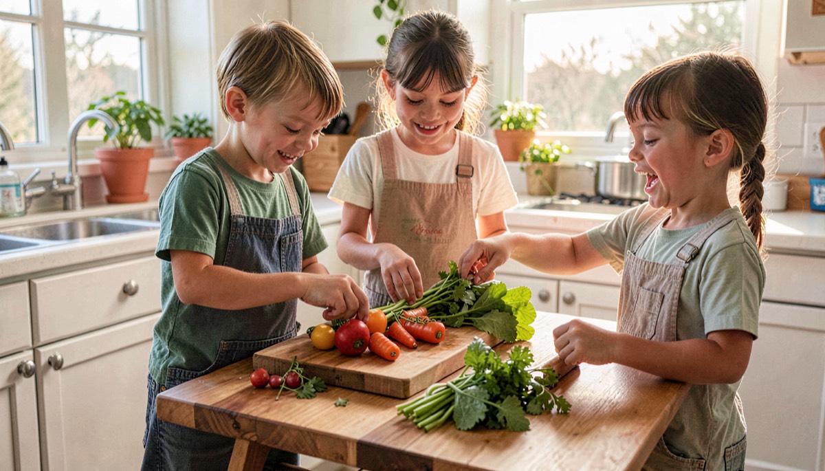 Enfants préparant des légumes dans une cuisine lumineuse