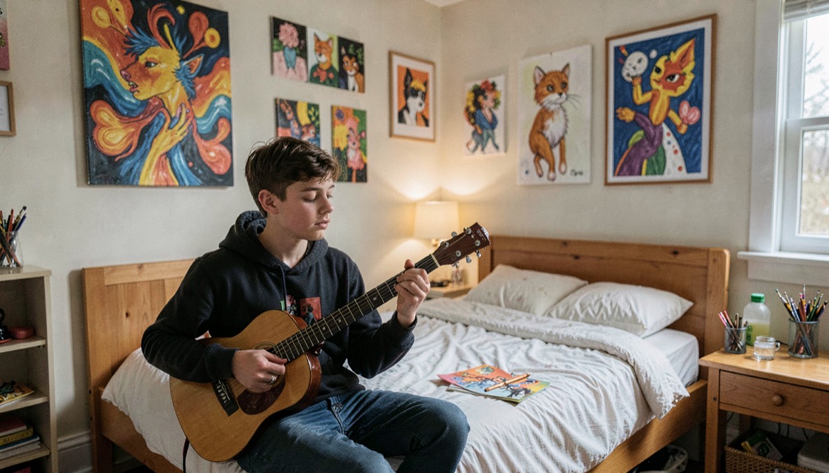 Adolescent s exprimant par l art et la musique