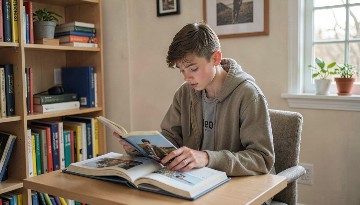 Ado lisant dans un coin d etude paisible