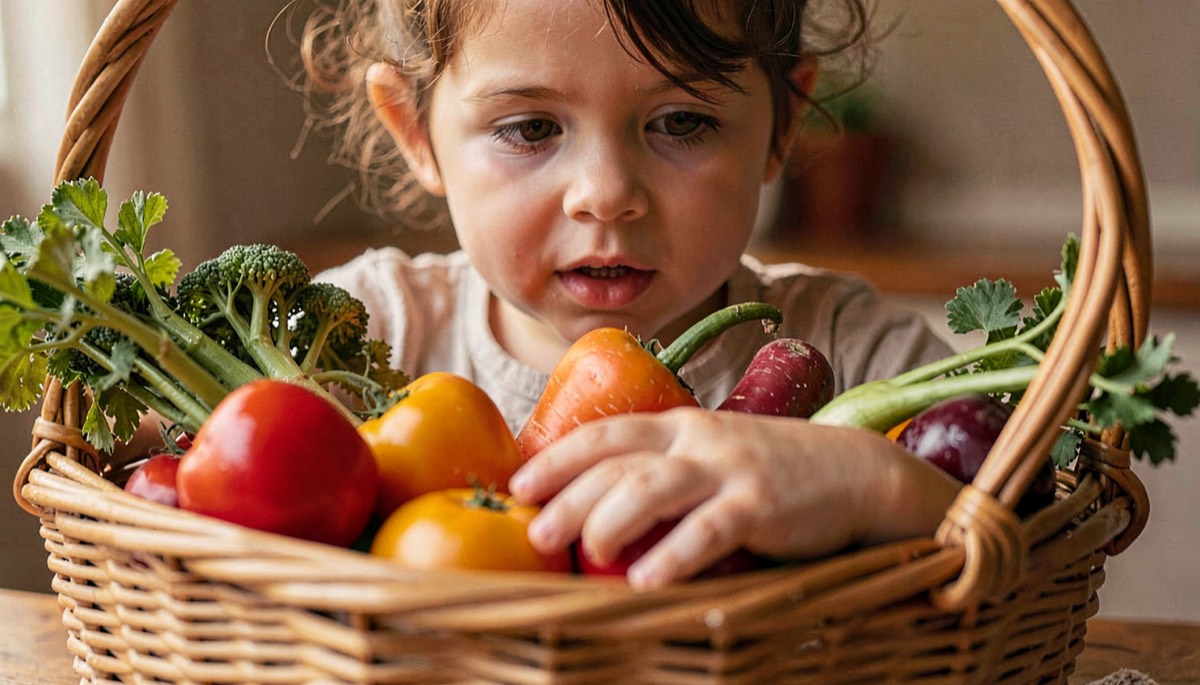 Enfant curieux découvrant des légumes colorés