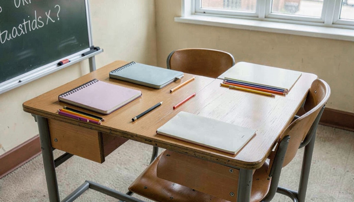 Bureau d'école avec fournitures scolaires