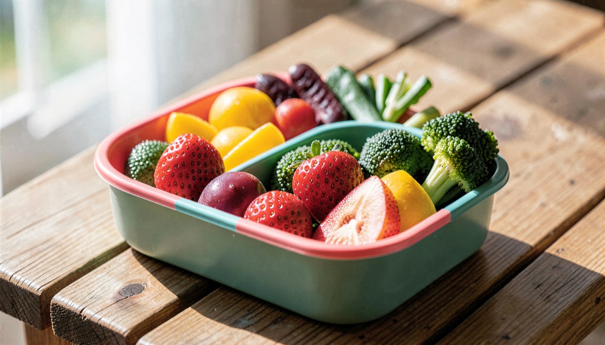 Boîte bento colorée avec fruits et légumes