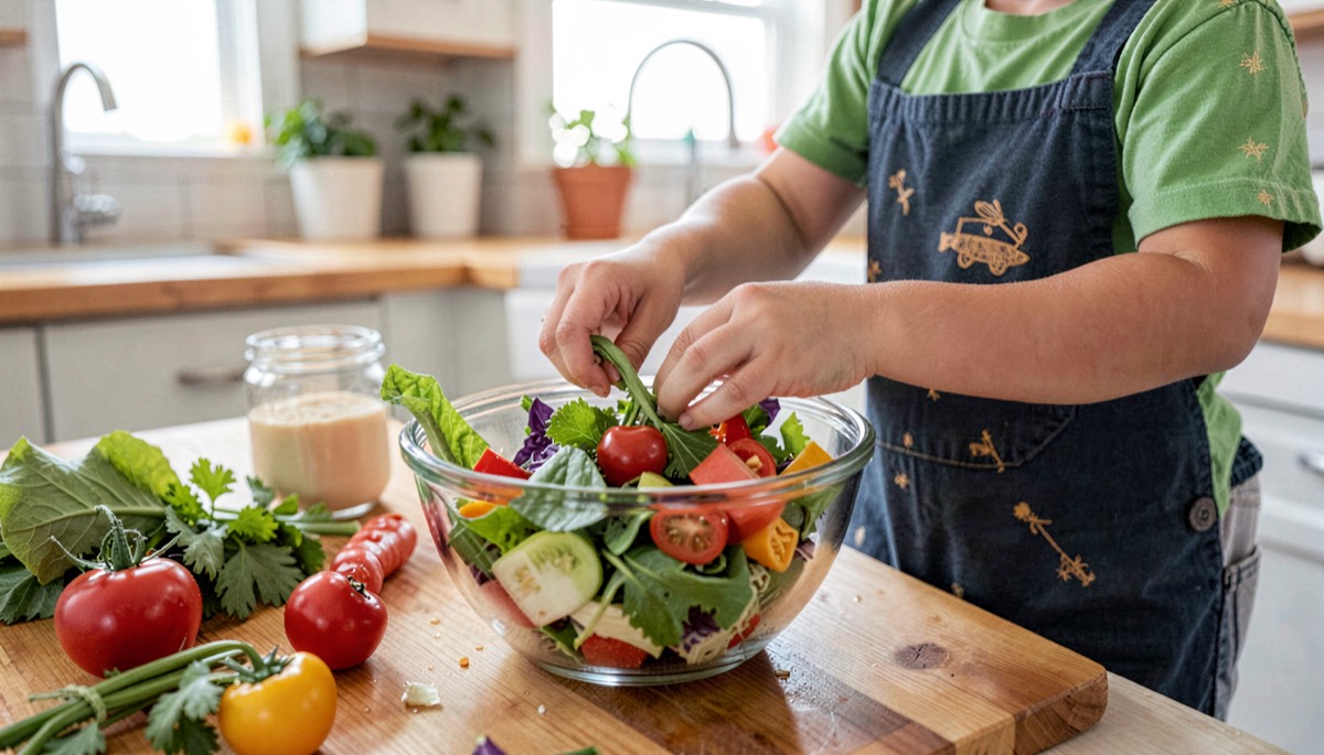 Mains d'enfant mélangeant une salade