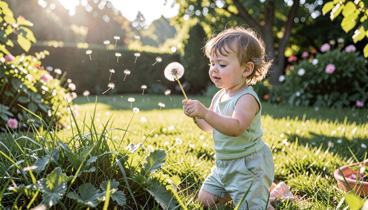 Enfant soufflant sur des graines de pissenlit dans le jardin