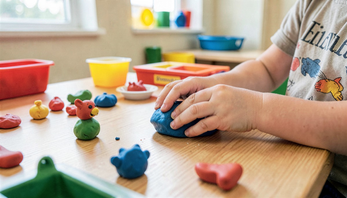 Mains d'enfant modelant de la pâte à modeler