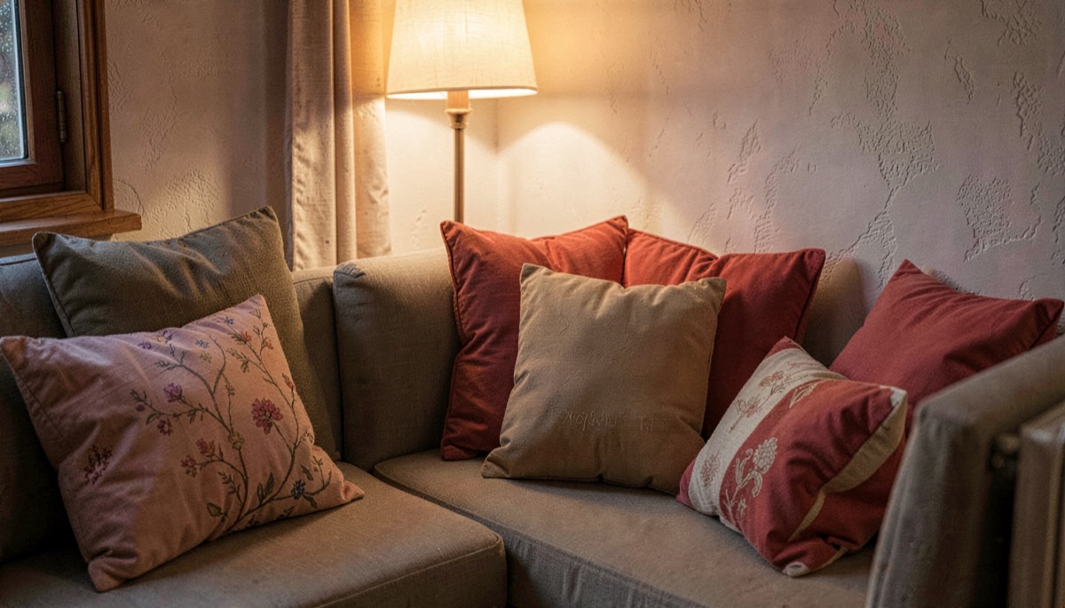 Coin calme avec coussins et lumière douce
