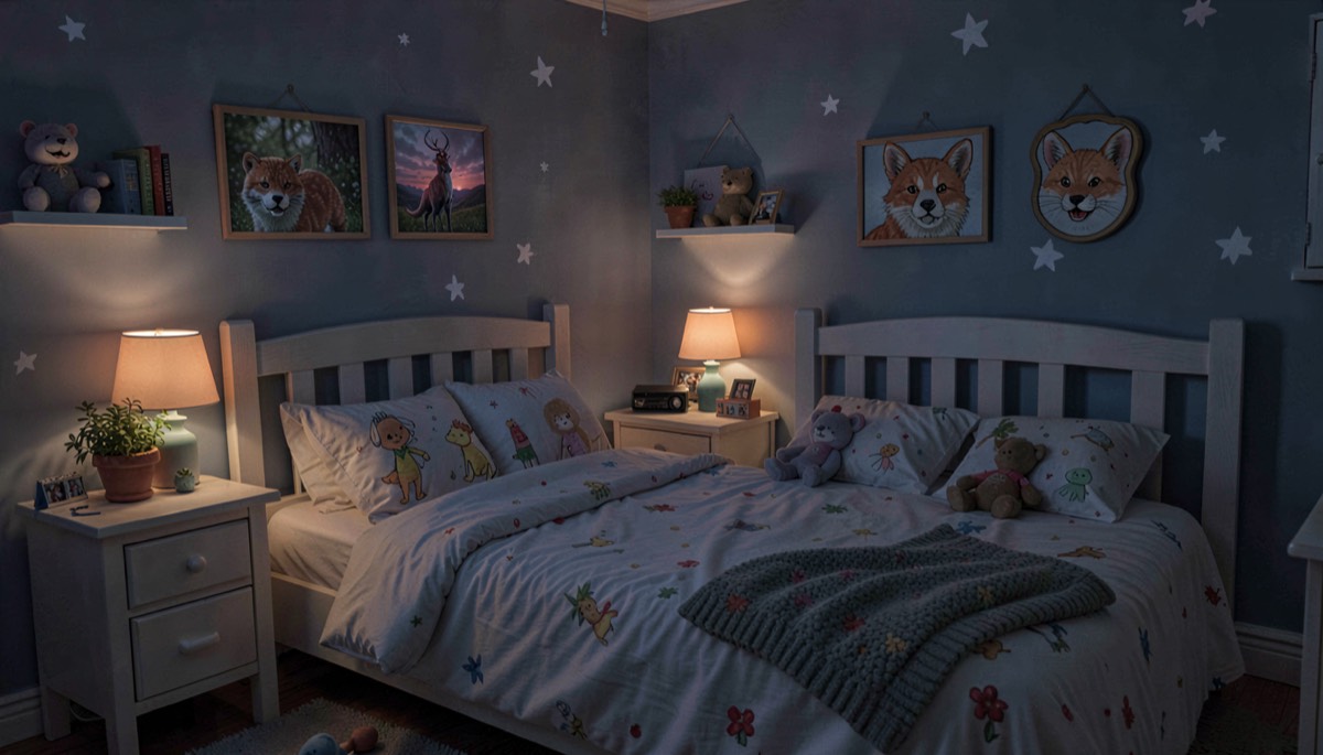 Chambre tamisée avec veilleuse et peluches