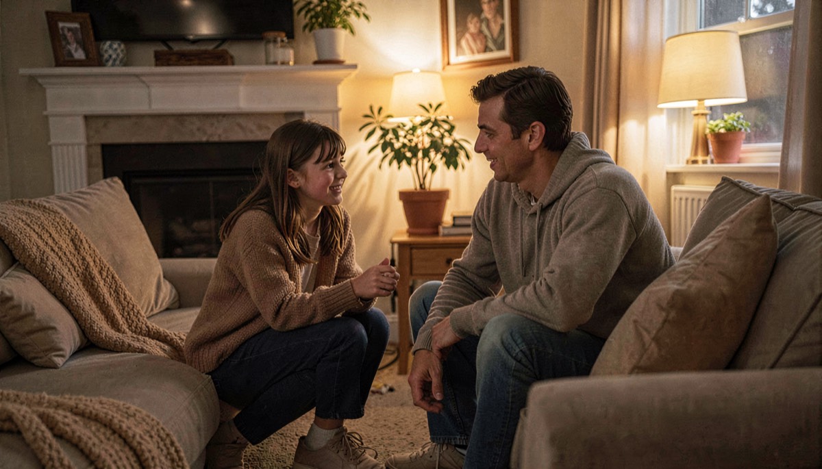 Parent lisant un livre à son enfant sur le canapé