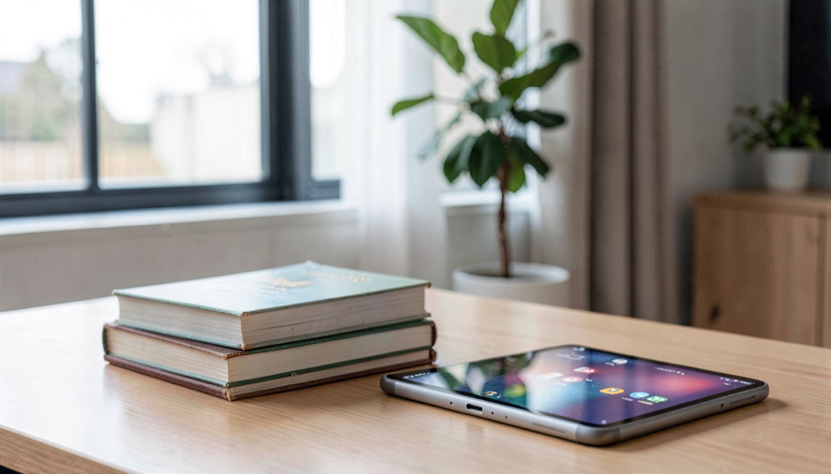 Pile de livres à côté d'une tablette sur la table