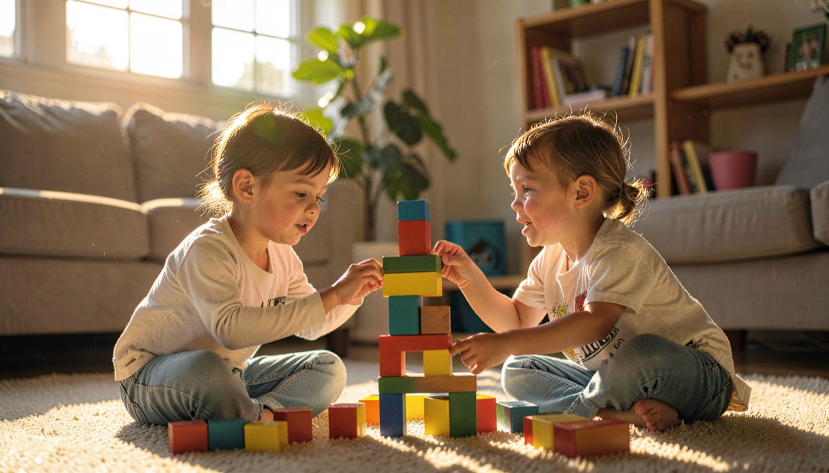 Enfants construisant ensemble une tour de blocs colorés