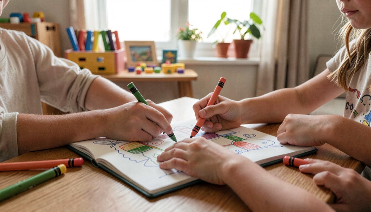 Mains d'enfants partageant des crayons de couleur