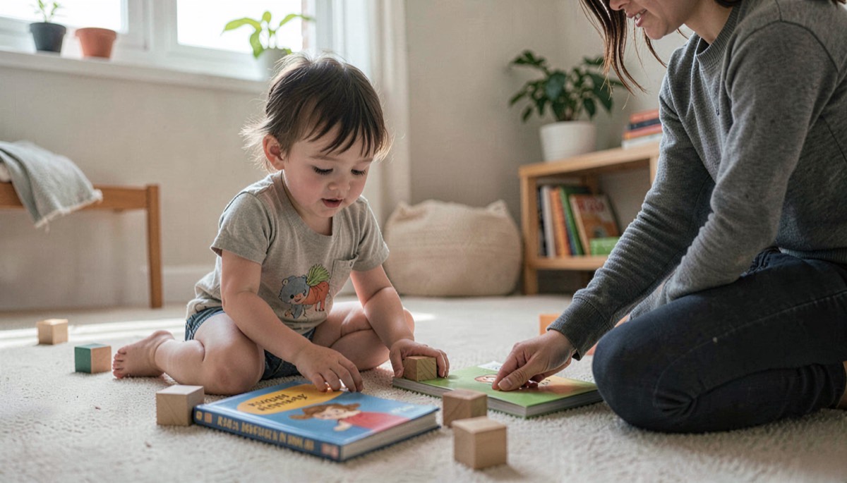 Jeune enfant jouant avec des blocs et des livres sans écran